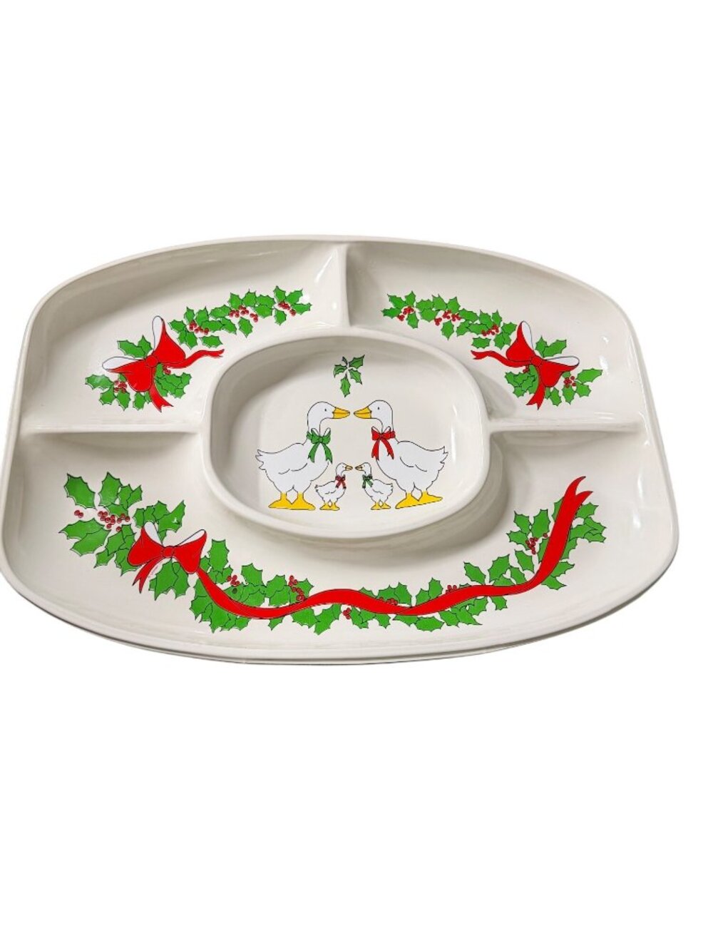 Vintage Plastic Christmas Divided Serving Tray Ducks Holly Ribbon